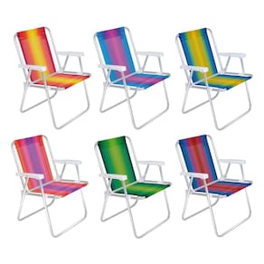 Kit 6 Cadeira Alumínio Alta Listrada Camping Praia Piscina Mor