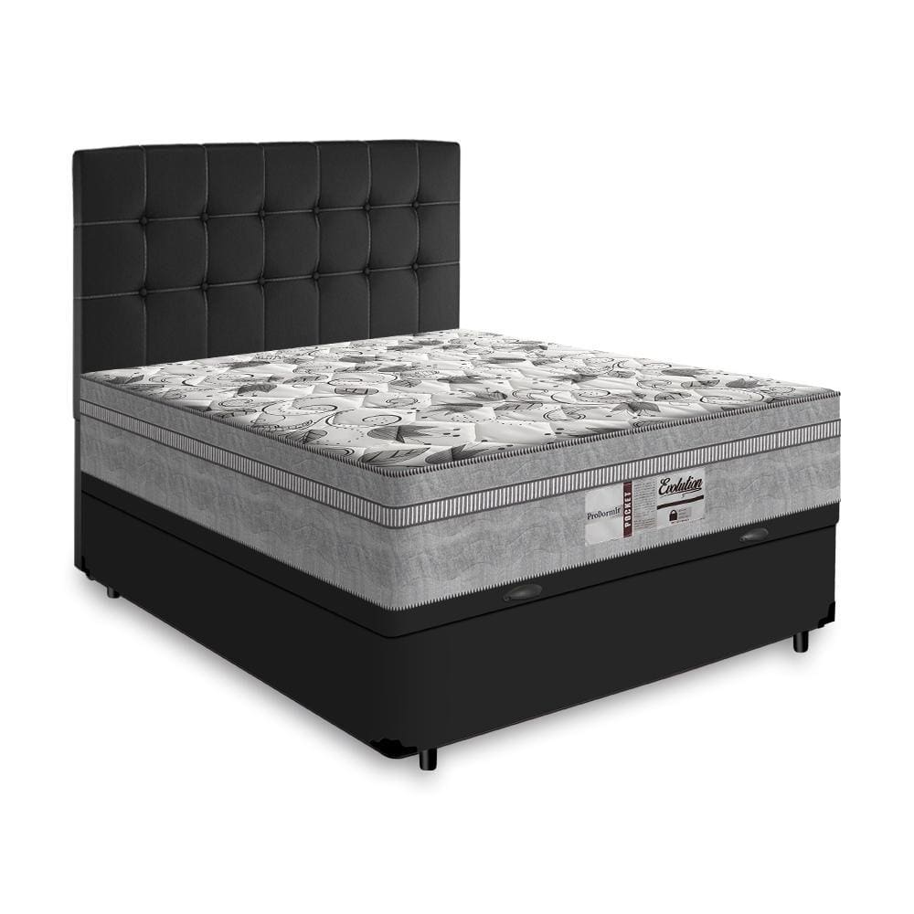 Cama Box Baú + Cabeceira Cassis e Colchão Casal - Probel - Evolution - 138x188x74cm Preto