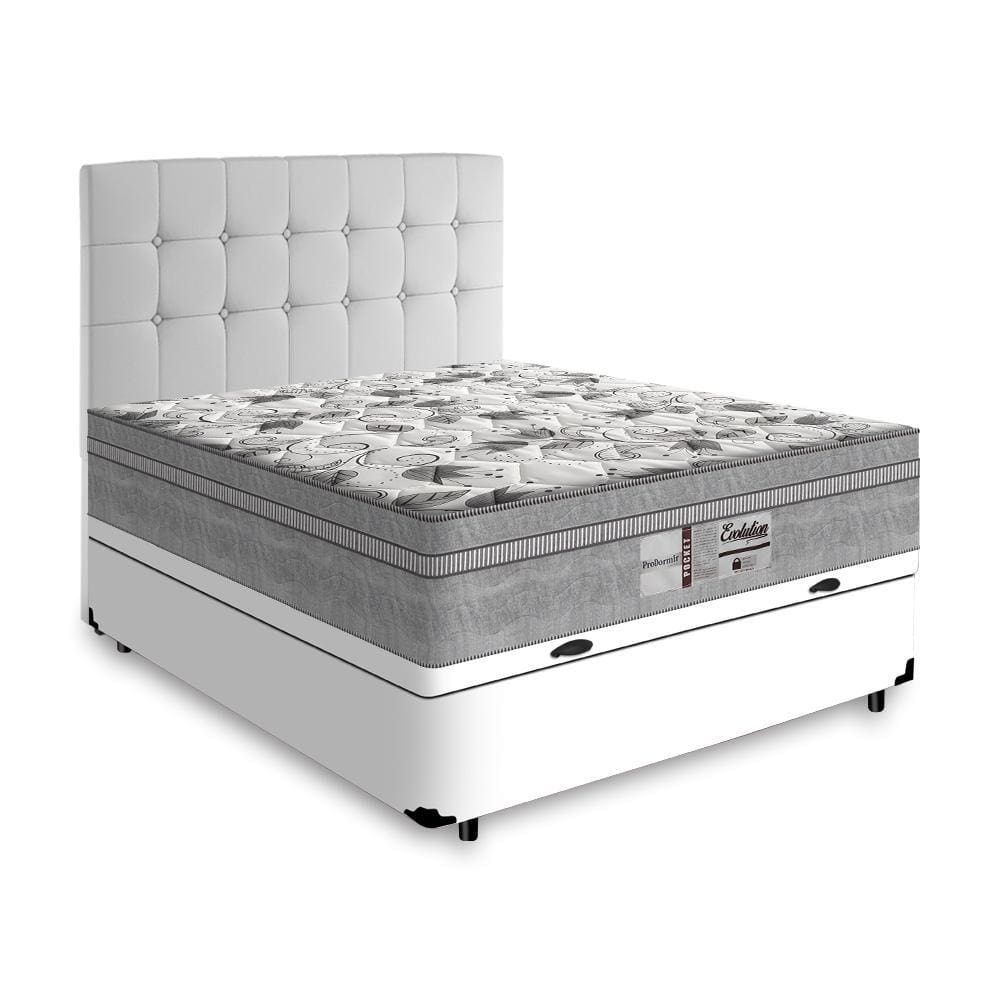 Cama Box Baú + Cabeceira Cassis e Colchão Casal - Probel - Evolution - 138x188x74cm Branco