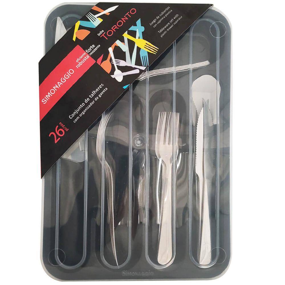 Organizador de Talheres Faca de Cozinha e Jogo Faqueiro Toronto Inox 26 peças Simonaggio