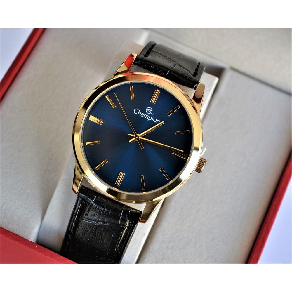 Relogio Champion Dourado Visor Azul Couro Cn20702s