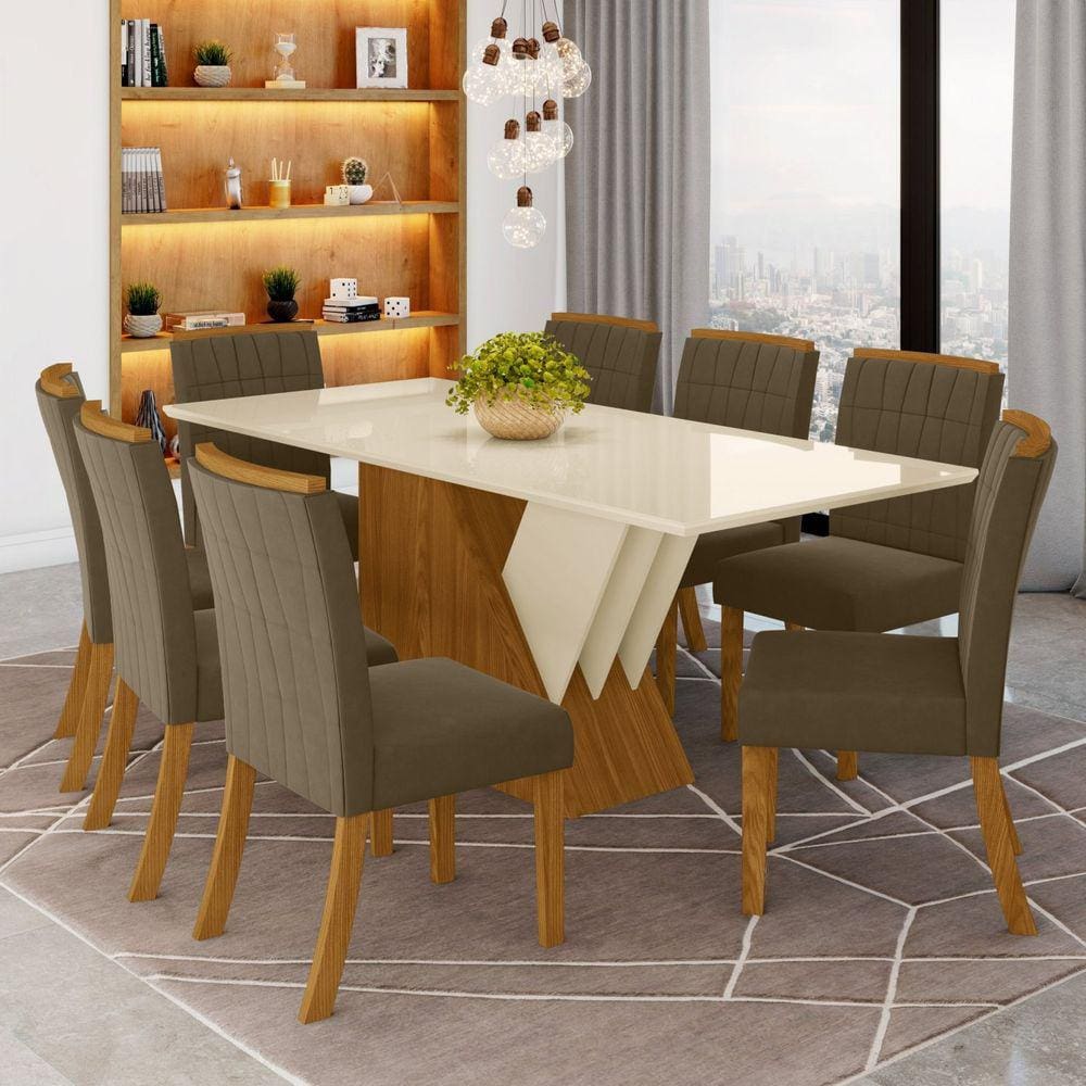 Conjunto Sala De Jantar Nápoles Tampo Vidro/MDF com 8 Cadeiras Luísa Smart  Plus Cel Móveis