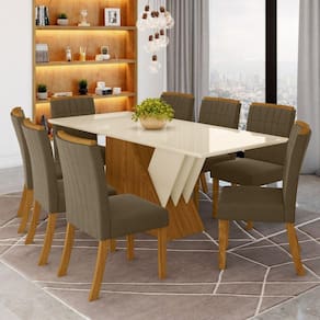 Conjunto Sala de Jantar Mesa Tampo MDF e Vidro 8 Cadeiras Itália Espresso Móveis Nature/Off White/Bege Escuro Espresso Móveis