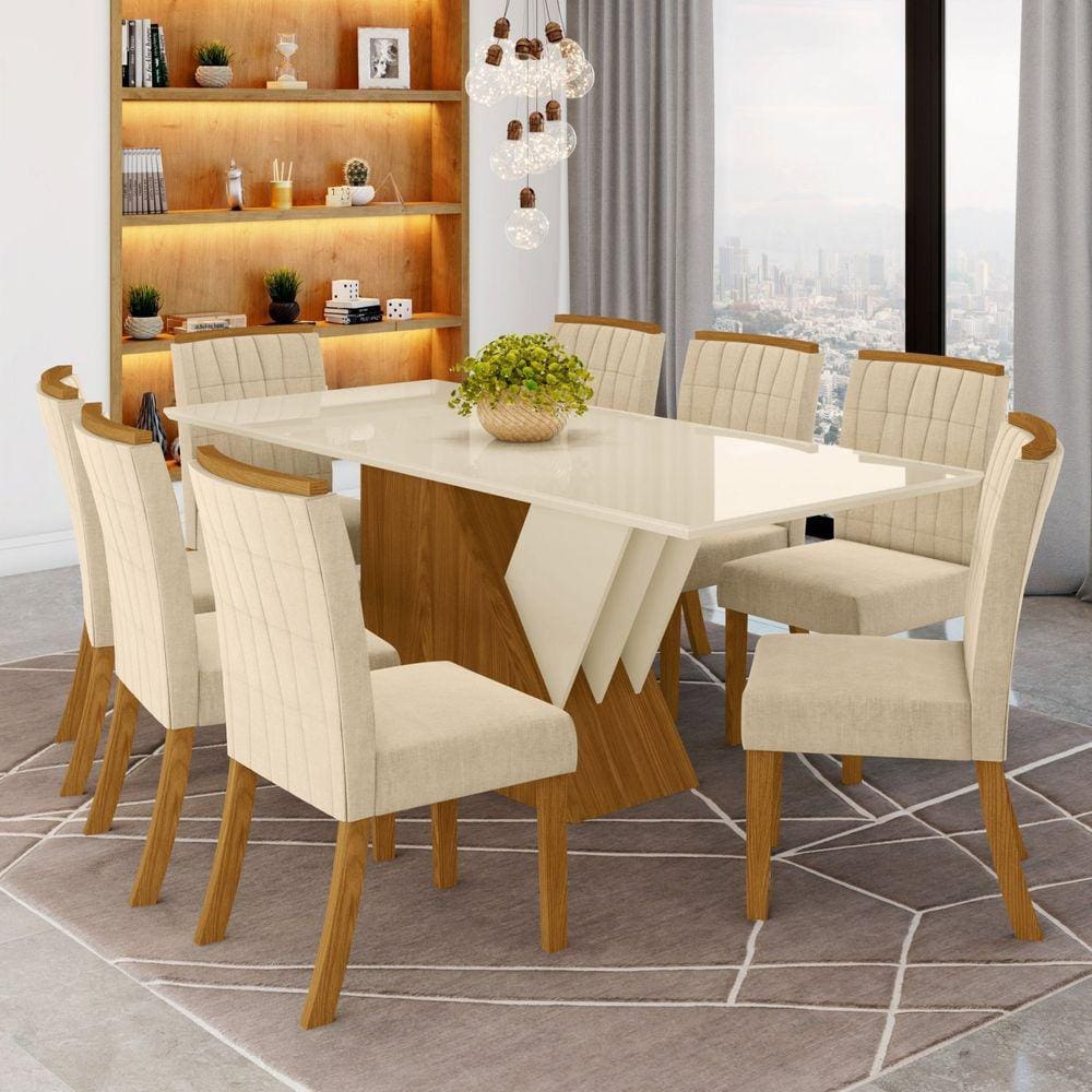 Conjunto Sala de jantar mesa Cronos off white em mdf 8 Cadeira