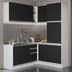 Cozinha Completa de Canto Madesa Glamy 329001 com Armário e Balcão (Sem Tampo e Pia) - Branco/Preto
