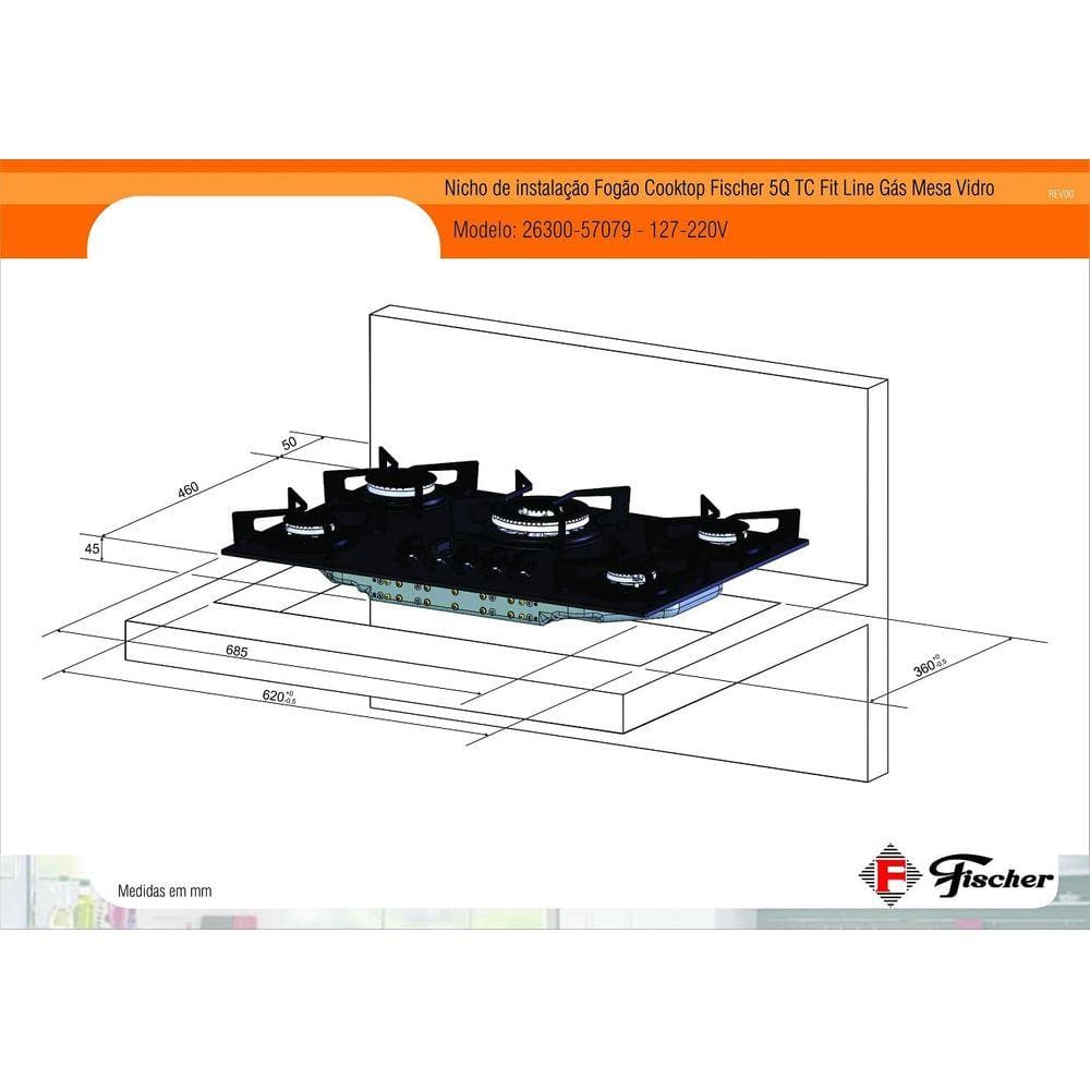Cooktop Fischer Fit Line Mesa de Vidro 5 Bocas – Bivolt
