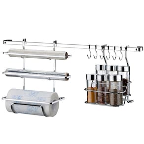 Kit Suportes Porta Rolo Triplo Papel Toalha Condimentos Temperos Com Barra 45cm Cromado Cozinha - Future