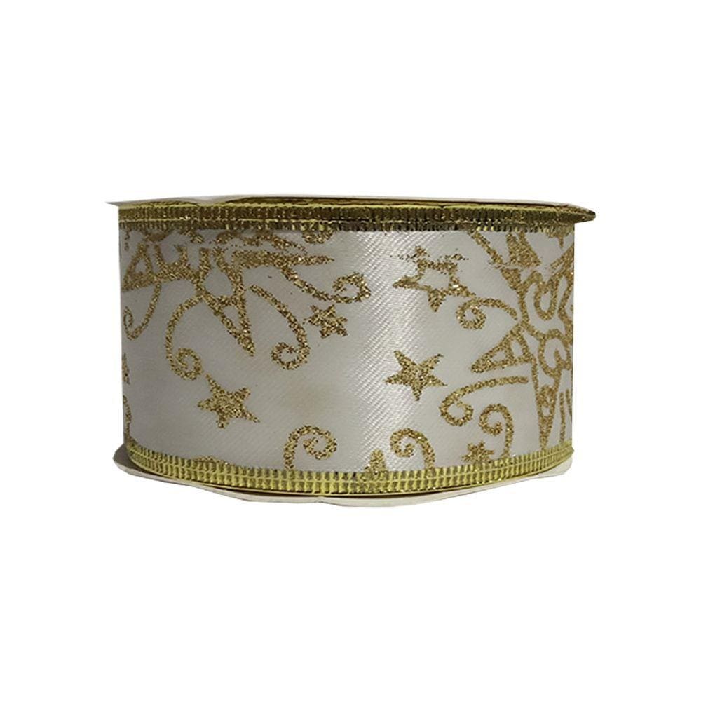 Fita Aramada de Natal Branca Glitter Dourado - 3,8cm x 2,7m