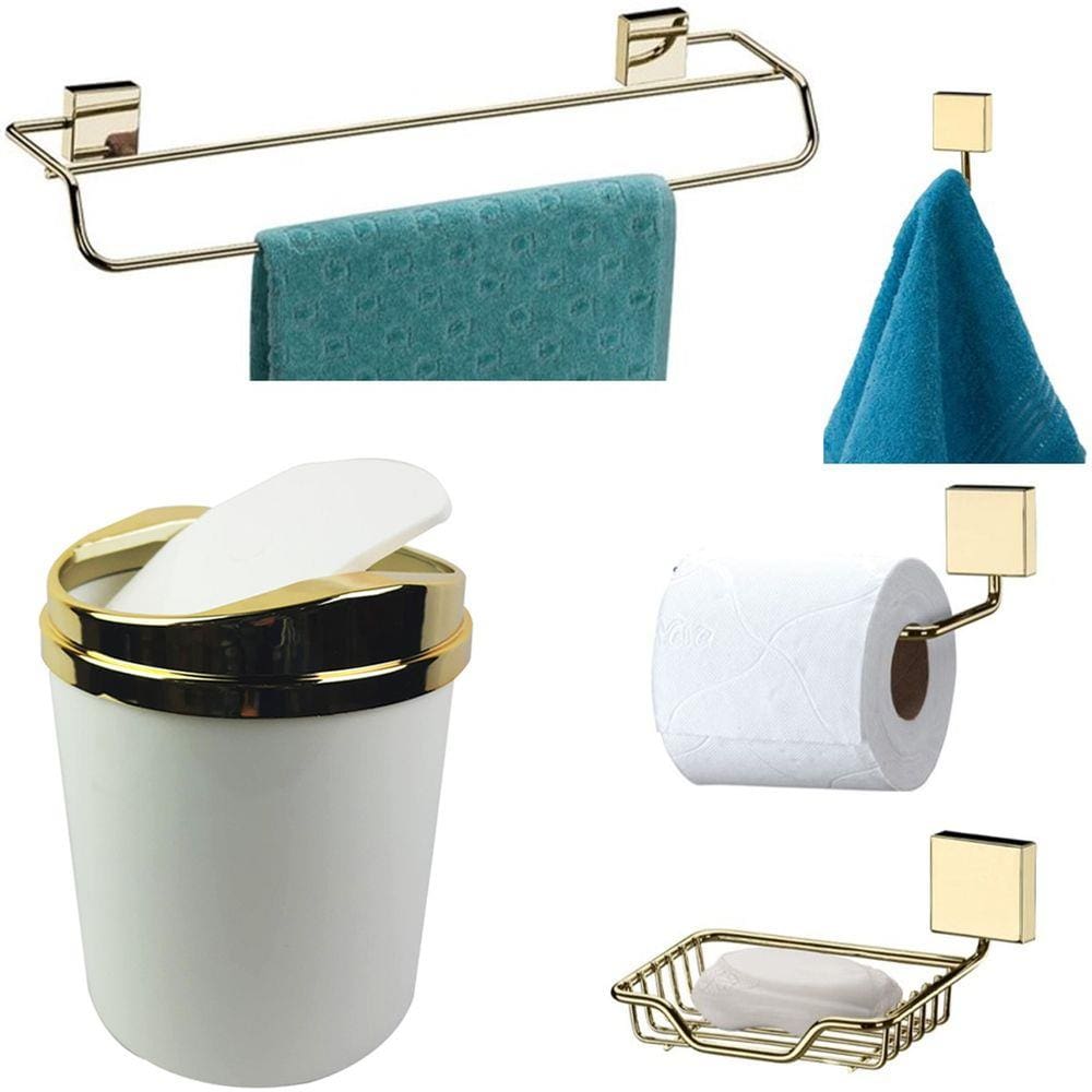 Kit 5 Peças Banheiro Lixeira + Papeleira + Toalheiro Duplo + Cabide + Saboneteira Dourado - Future