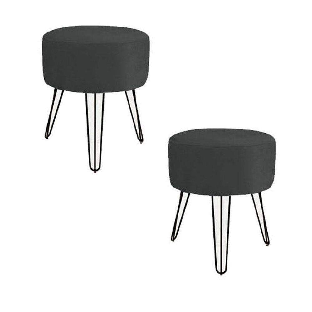 Kit 2 Puff Puf Decorativo Suede Preto Pés De Ferro Preto