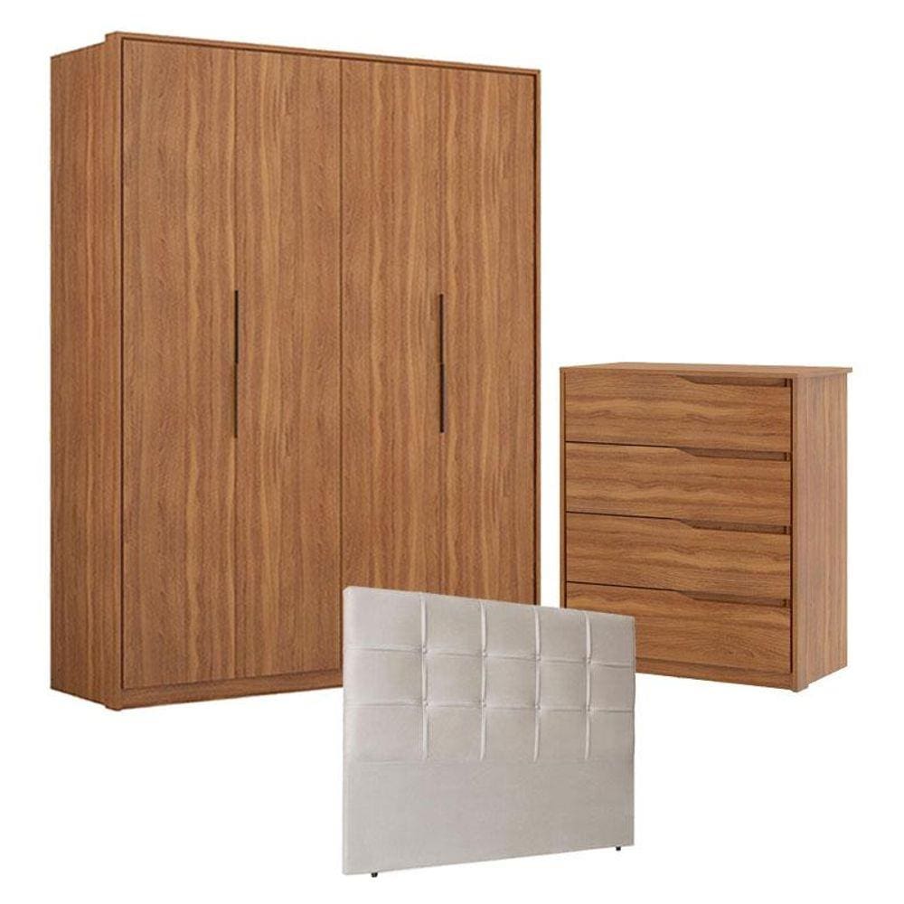 Guarda Roupa Attore 4 Portas e Cômoda Atria Amêndola com Cabeceira Luiza 140 cm Marfim - Demartêz