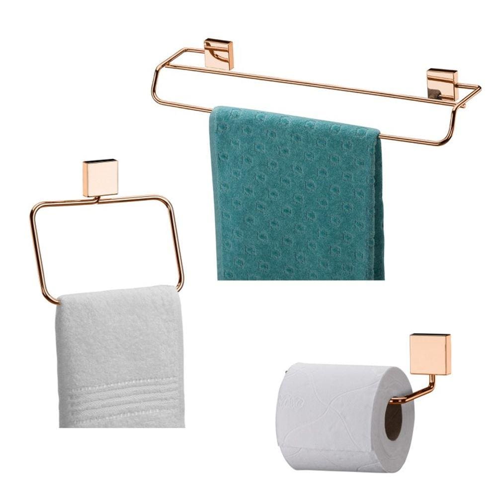 Kit 3 Pçs Toalheiro 45cm + Porta Toalha Argola + Papeleiro Rosé Gold - Future