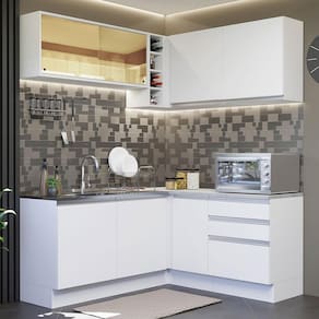 Cozinha Completa de Canto Madesa Glamy 329002 com Armário e Balcão (Sem Tampo e Pia) - Branco