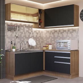 Cozinha Completa de Canto Madesa Glamy 329002 com Armário e Balcão (Sem Tampo e Pia) - Rustic/Preto