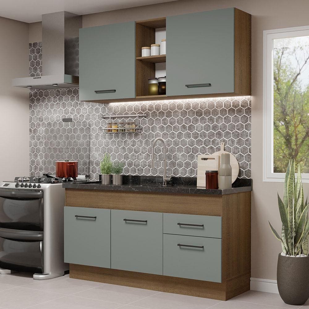 Cozinha Compacta Madesa Agata 150002 com Armário e Balcão (Sem Tampo e Pia) - Rustic/Cinza