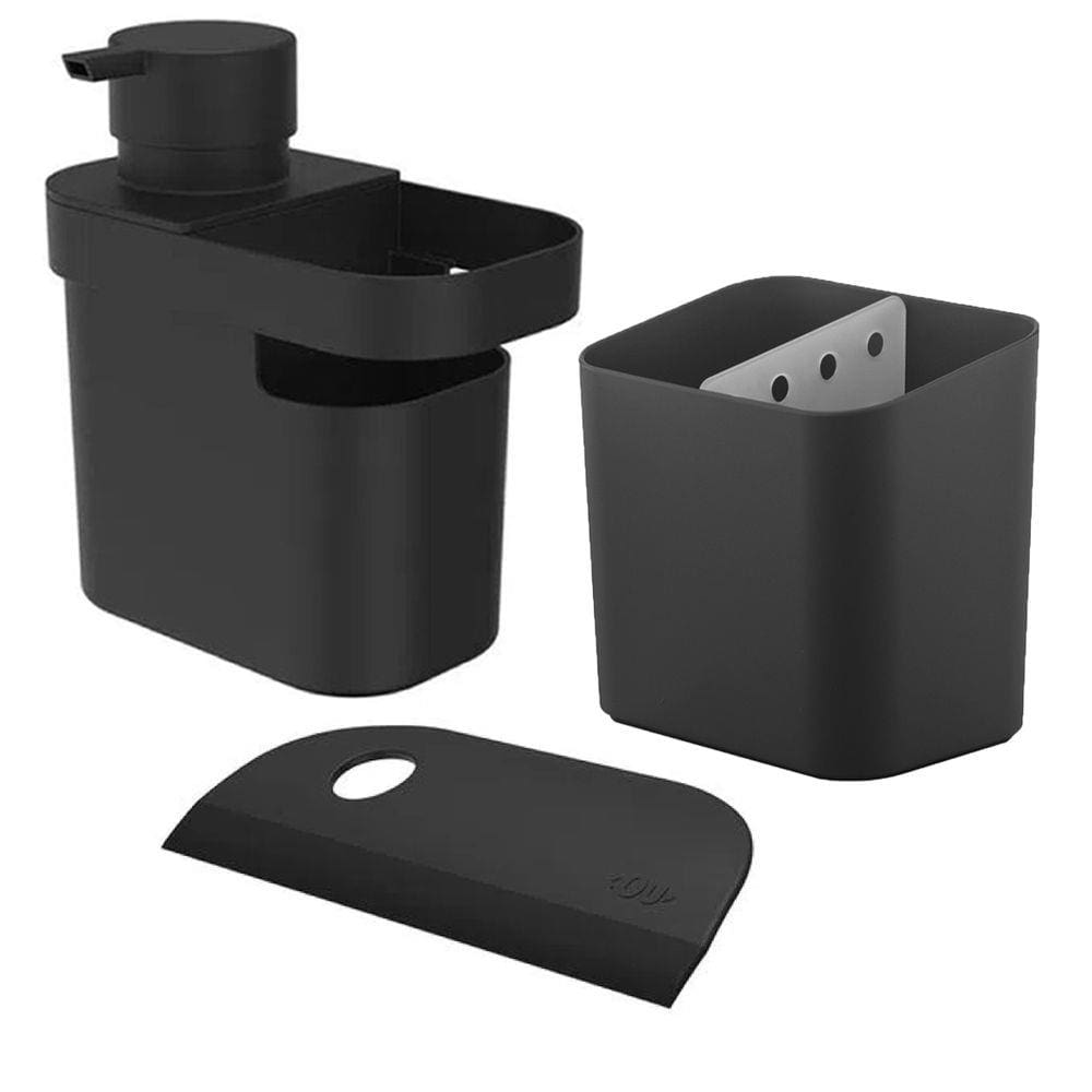Kit Dispenser Detergente Liquido Escorredor Talheres Rodo Compacto Pia Cozinha Preto - Ou