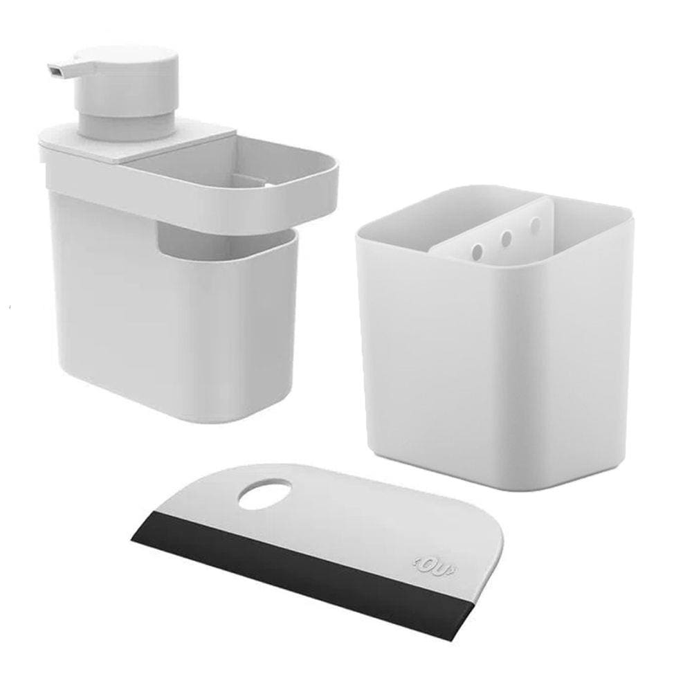 Kit Dispenser Detergente Liquido Escorredor Talheres Rodo Compacto Pia Cozinha Branco - Ou
