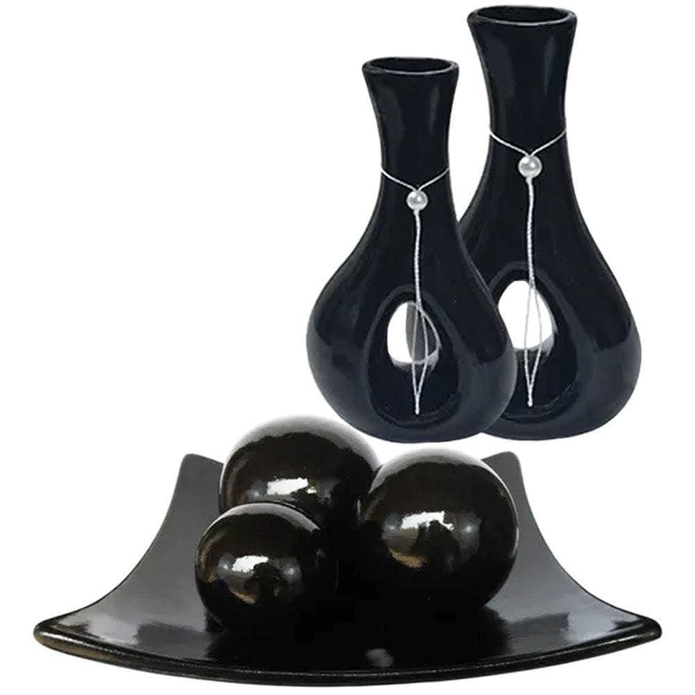 Vasos Par Furados E Centro De Mesa 3 Elementos Cerâmica Black