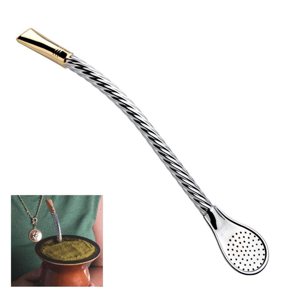 Bomba Chimarrão Mate Tereré 19cm Latão Cromado Cano Espiral C/ Biqueira - 346 Taumer