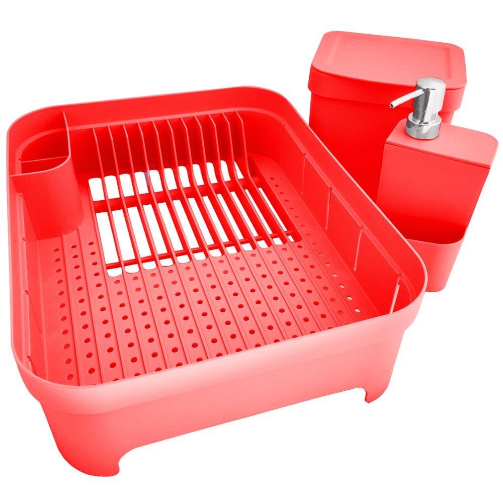 Kit Pia Cozinha Escorredor Pratos Lixeira 2,5L Porta Detergente Vermelho