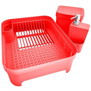Kit Pia Cozinha Escorredor Pratos Lixeira 2,5L Porta Detergente Vermelho