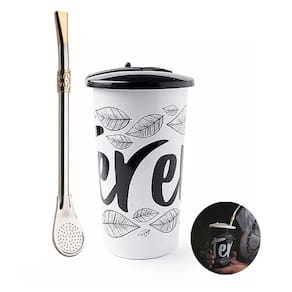 Kit Bomba Chimarrão 23cm Aço Niquelado Anel Cuia  + Copo Plástico Tererê Tampa 450ml - Taumer