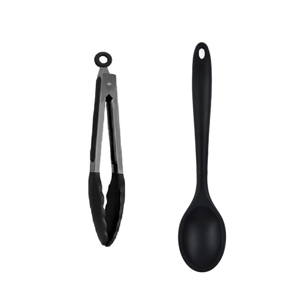 Jogo 2 Peças Colher 27Cm e Pinça Multiuso 25Cm Preta.