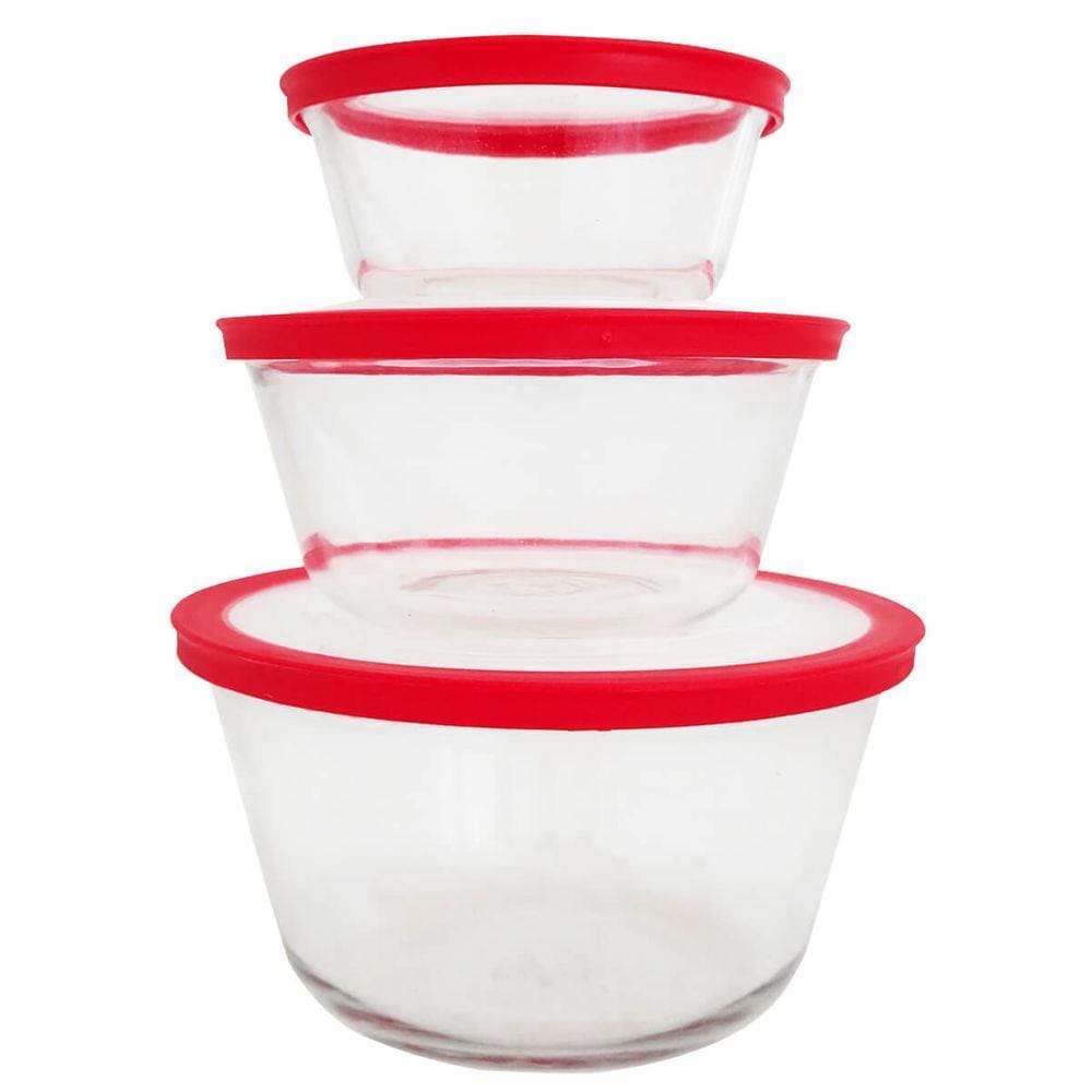 Conjunto 3 Potes de Vidro Redondo com Tampa Tigelas 600ml 1,2l 1,4l Marinex