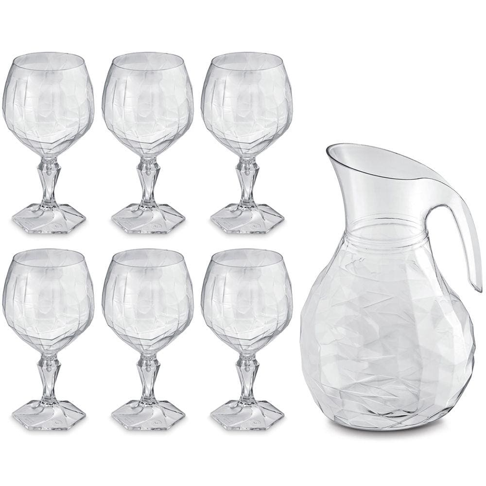 Kit Jarra 2,3L E 6 Taças 350ml Jogo De Plástico Refresco Tango Servir Água Suco Transparente UZ