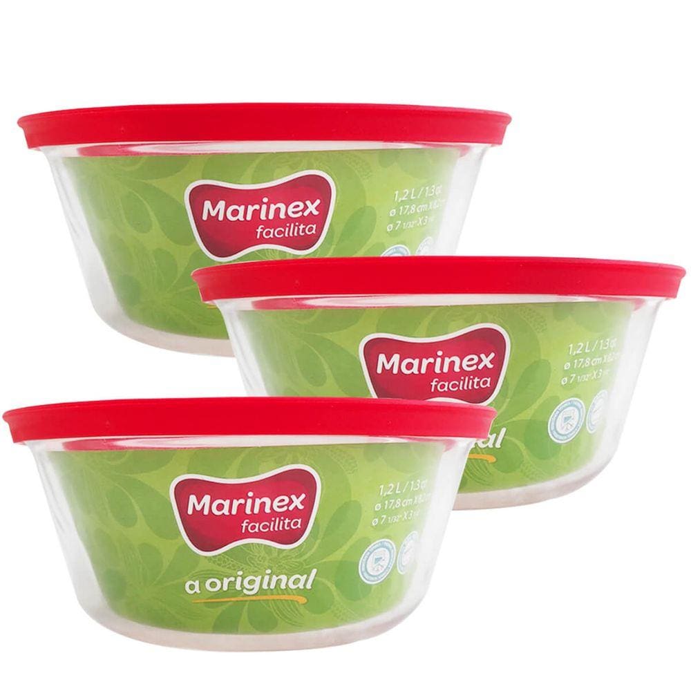 Kit 3 Potes Redondos Tigela De Vidro 1,2l Médio com Tampa Plástica Facilitá Marinex