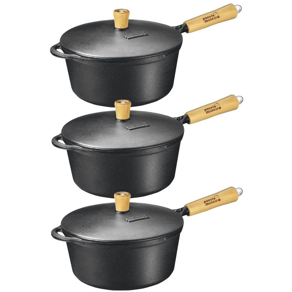 Kit Caçarolas de Ferro Tampa Ferro Cabo Madeira 19,21 e 25cm