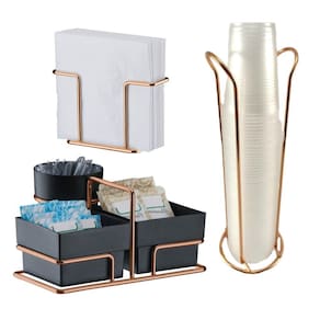 Kit Porta Café Sachês Chá Açúcar + Suporte Porta Copos Descartáveis Guardanapo Rose Gold - Future
