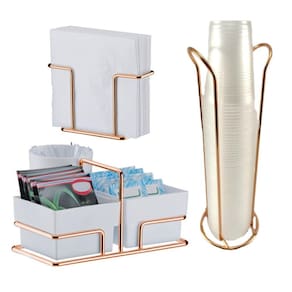 Kit Porta Sachês Café Chá Açúcar + Suporte Porta Copos Descartáveis Guardanapo Rose Gold - Future