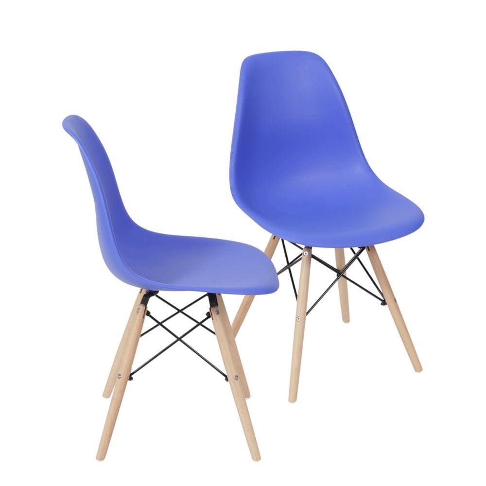 Kit 02 Cadeiras Boxbit Dkr Eames Polipropileno Azul Escuro Base Madeira