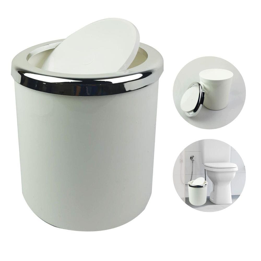 Lixeira 5 Litros Para Banheiro Cozinha Com Tampa Basculante Redonda Metalizada Cromada Plástica - AMZ