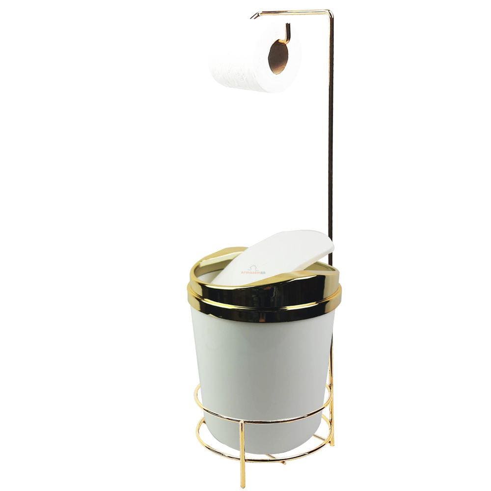 Suporte Porta Papel Higiênico lixeira Branco 5 Litros Com Tampa Basculante Dourado Banheiro - AMZ