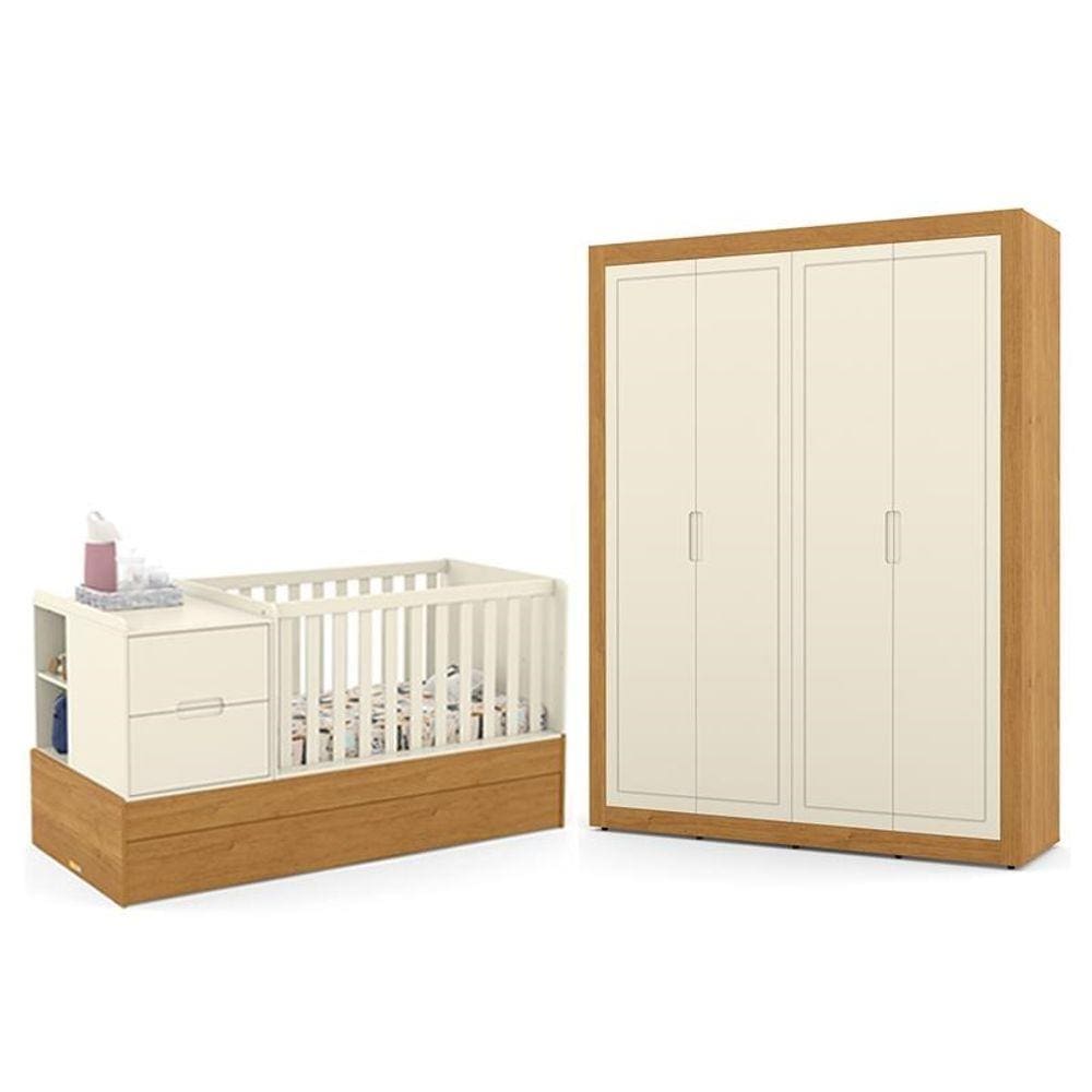 Jogo de Quarto Infantil Tutto New com Guarda Roupa 4 Portas e Berço Multifuncional Formare Off White/Freijó - Matic Móveis