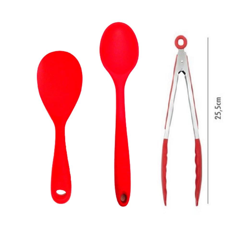 Jogo 3 Peças Colher 27 e 22 Cm e Pinça 25Cm Vermelha.