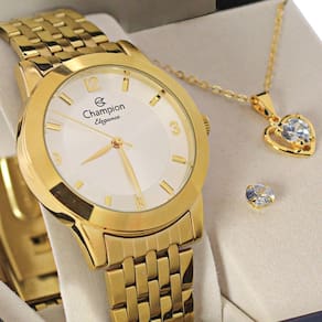 Kit Relógio Feminino Analógico Dourado Champion - CN26840W