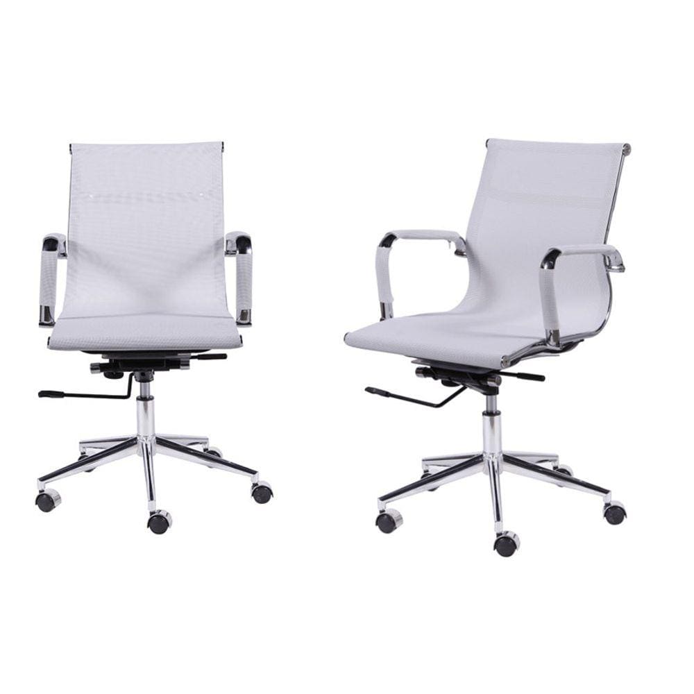 Kit 02 Cadeiras Boxbit Eames Office Tela Baixa Branca Base Rodízio