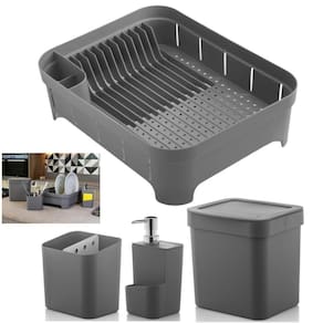 Kit Cozinha Trium Escorredor Louça + Porta Talheres + Dispenser Detergente + Lixeira - Ou