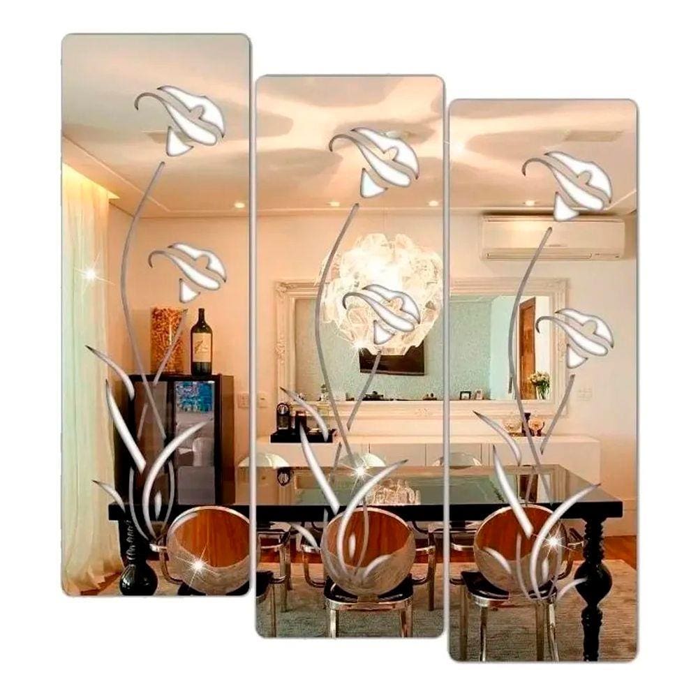 Kit 3 Espelhos Decorativos Acrílico Flores Sala Cozinha Prata