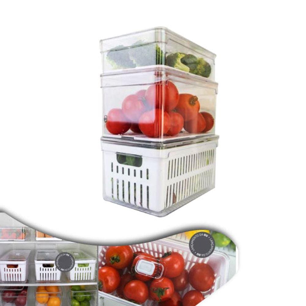 Kit 3 Organizadores Geladeira Transparentes Tampa Fruta Verdura Clear Fresh - Ou