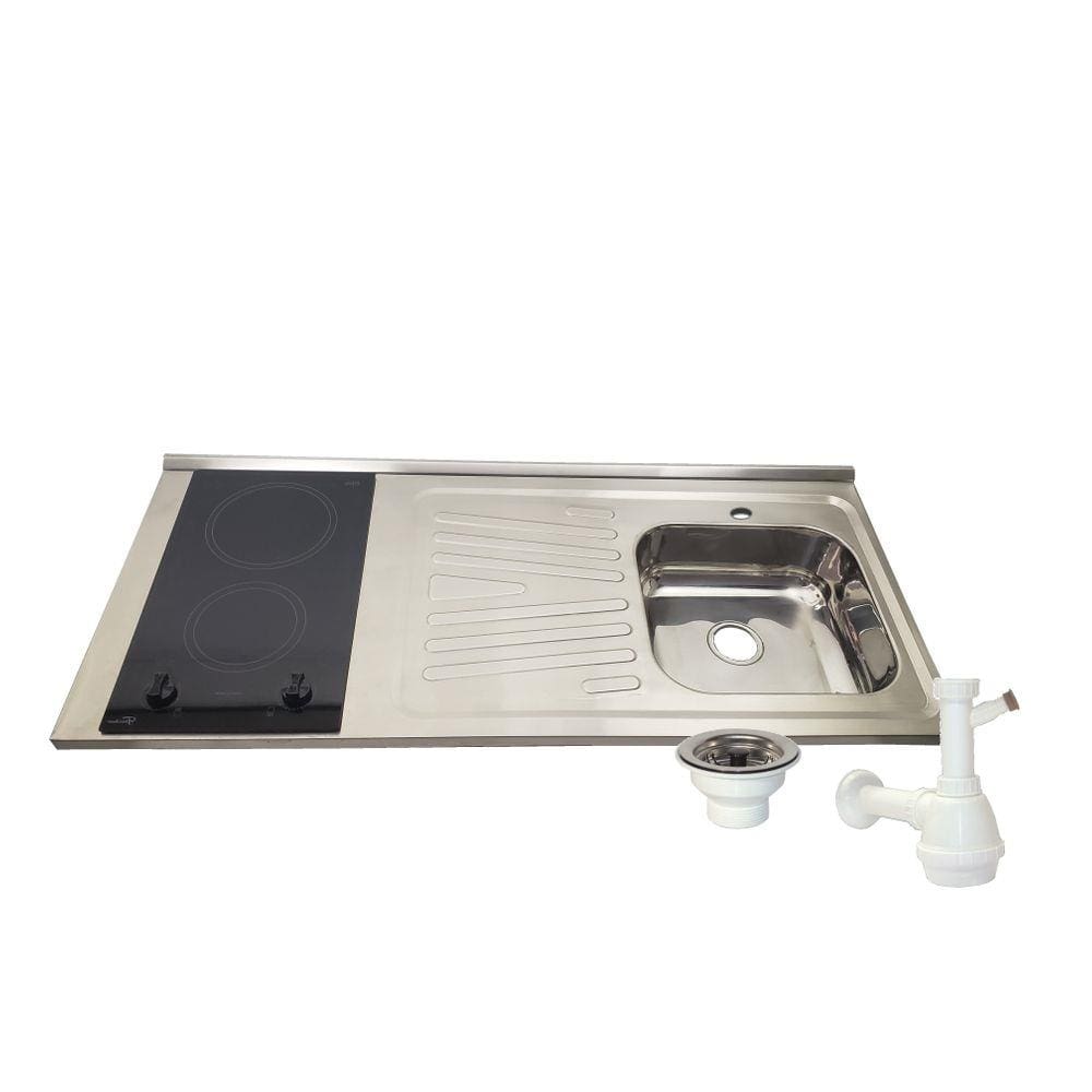 Pia Fogão Elétrico 2 bocas Fabrinox 120x55cm, cuba direita, furo para torneira, válvula e sifão