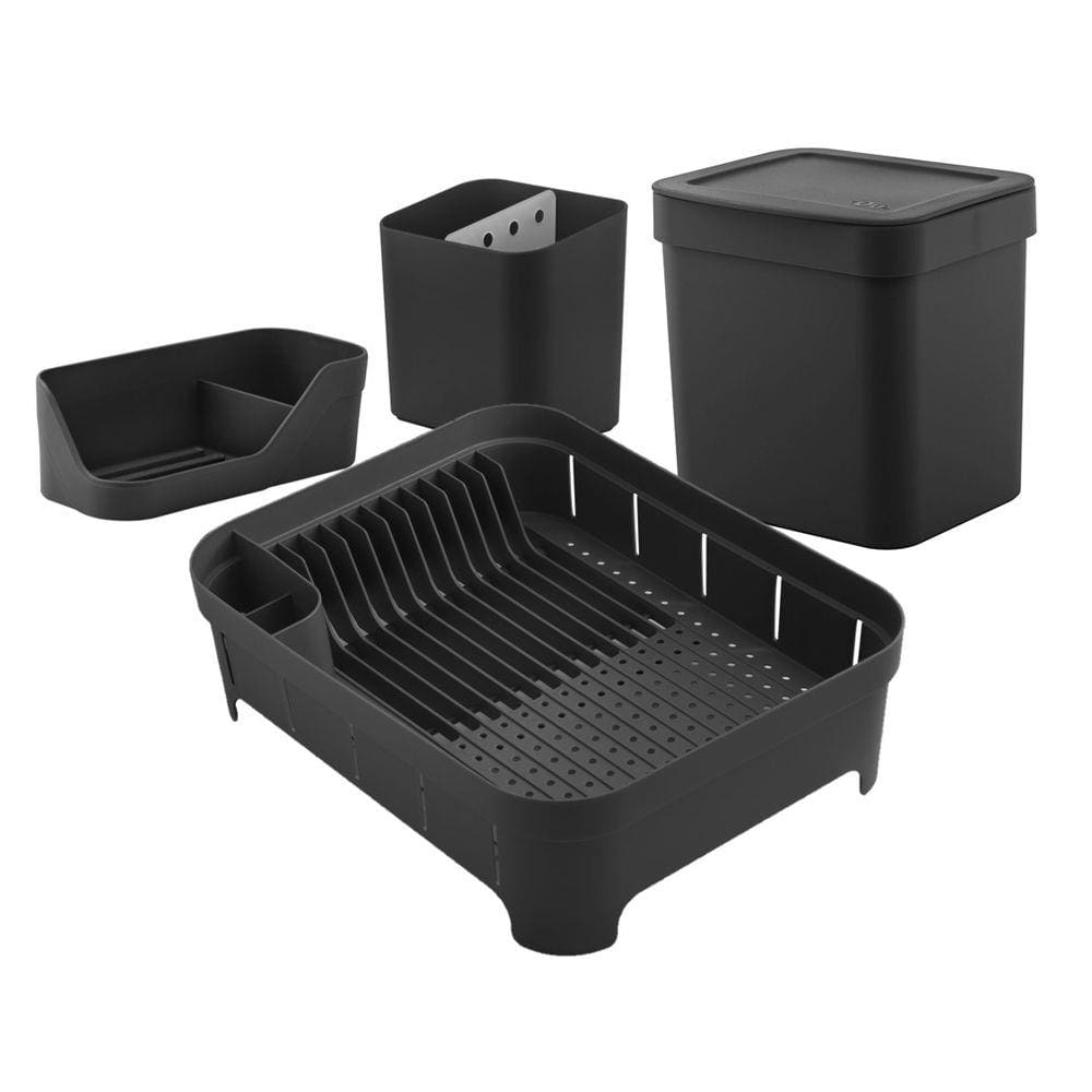 Kit Cozinha Escorredor De Louças Talheres Lixeira 4,7L Organizador De Pia Bancada Preto - Ou