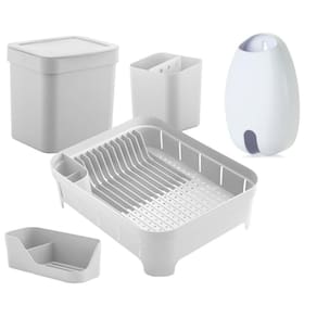 Kit Cozinha Escorredor Louças Talheres Lixeira 4,7L Organizador De Pia Porta Sacolas Branco - Ou