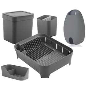 Kit Cozinha Escorredor Louças Talheres Lixeira 4,7L Organizador De Pia Porta Sacolas Cinza - Ou