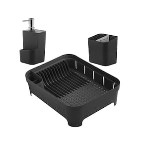 Kit Escorredor De Louças Talheres Copos Dispenser Porta Detergente Pia Cozinha Preto - Ou