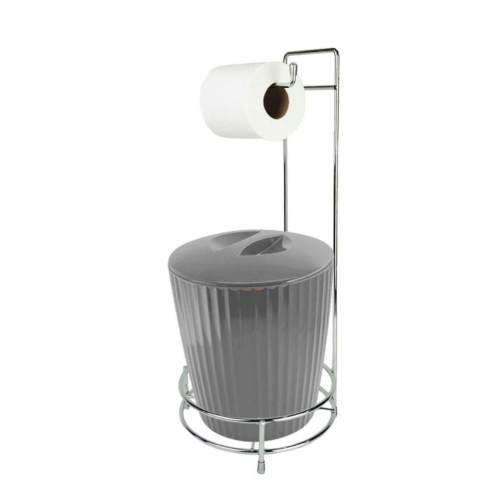 Kit Suporte Porta Papel Higiênico Com Lixeira 5L Cesto Lixo Chão Banheiro Groove- Ou