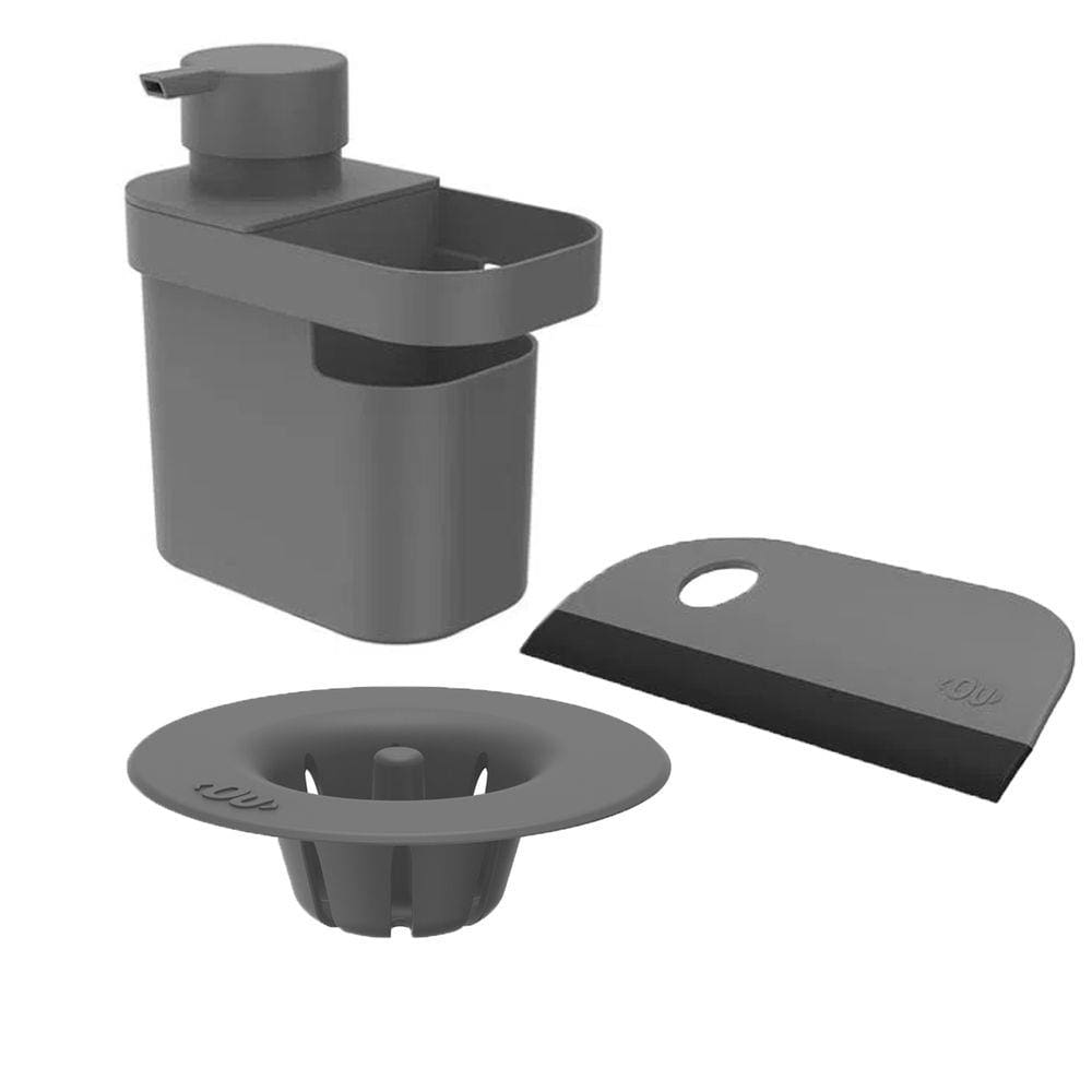 Kit Dispenser Detergente Líquido Organizador Filtro Ralo Rodo Pia Cozinha Cinza - Ou